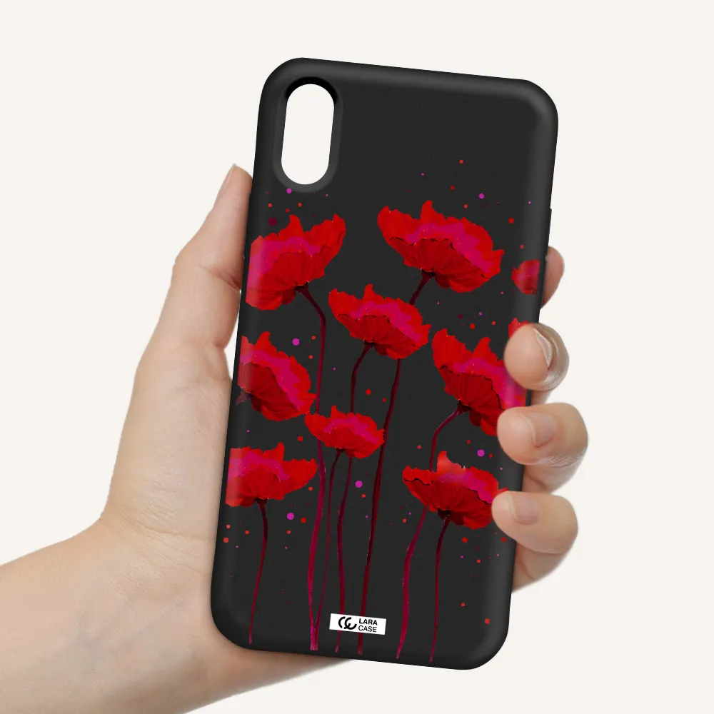 Red Fashion Flower Apple iPhone XS Silicone black Case