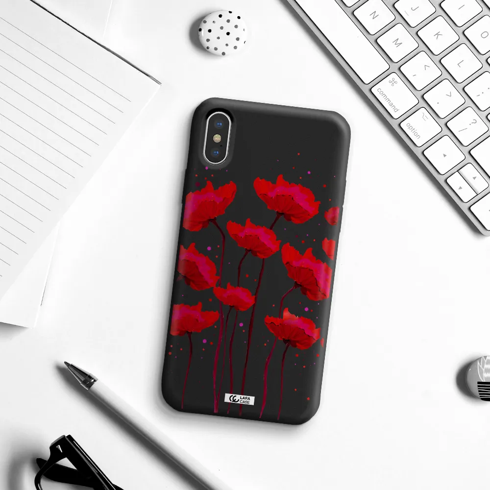 Red Fashion Flower Apple iPhone XS Silicone black Case