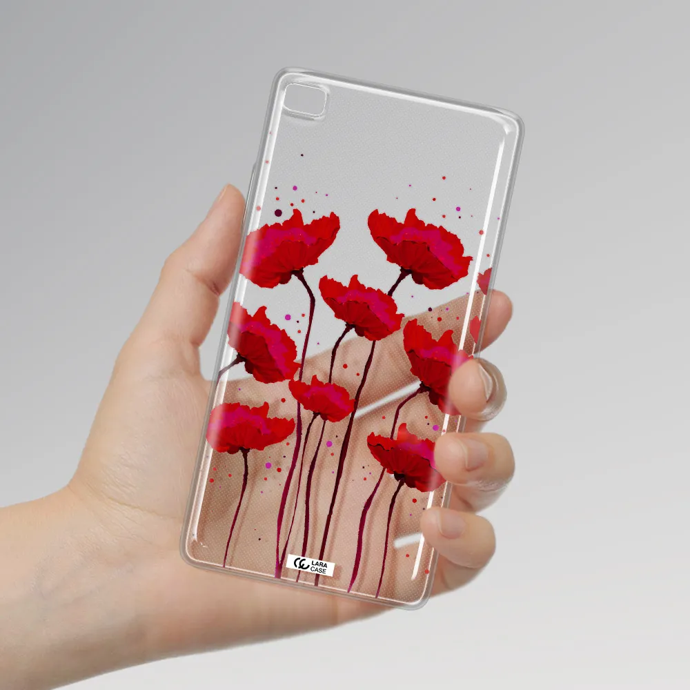 Red Fashion Flower Huawei P8 Clear TPU Case