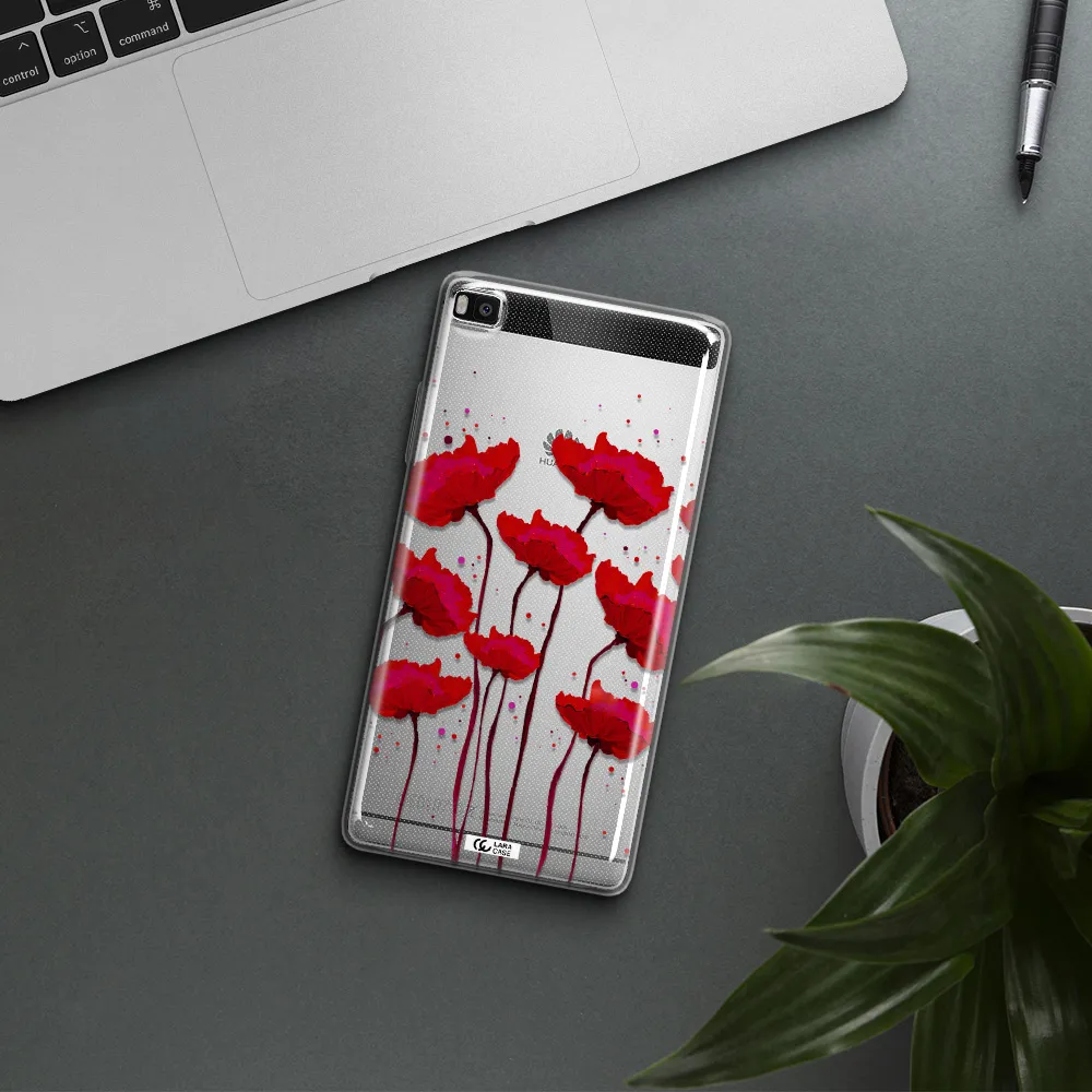 Red Fashion Flower Huawei P8 Clear TPU Case