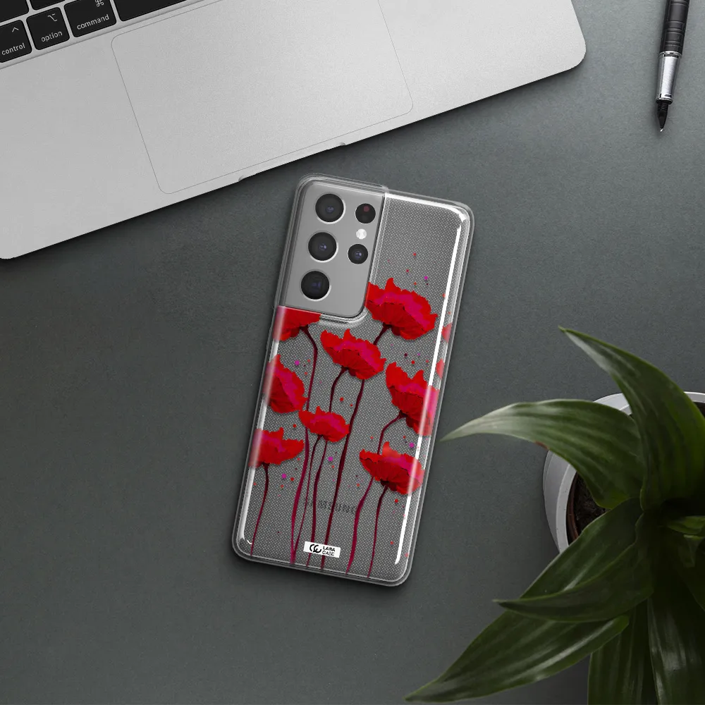 Red Fashion Flower Samsung S21 Ultra Clear TPU Case