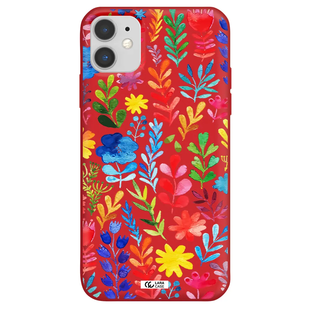 Colorful Watercolor Flowers Apple iPhone 11 Silicone Imperial Red Case