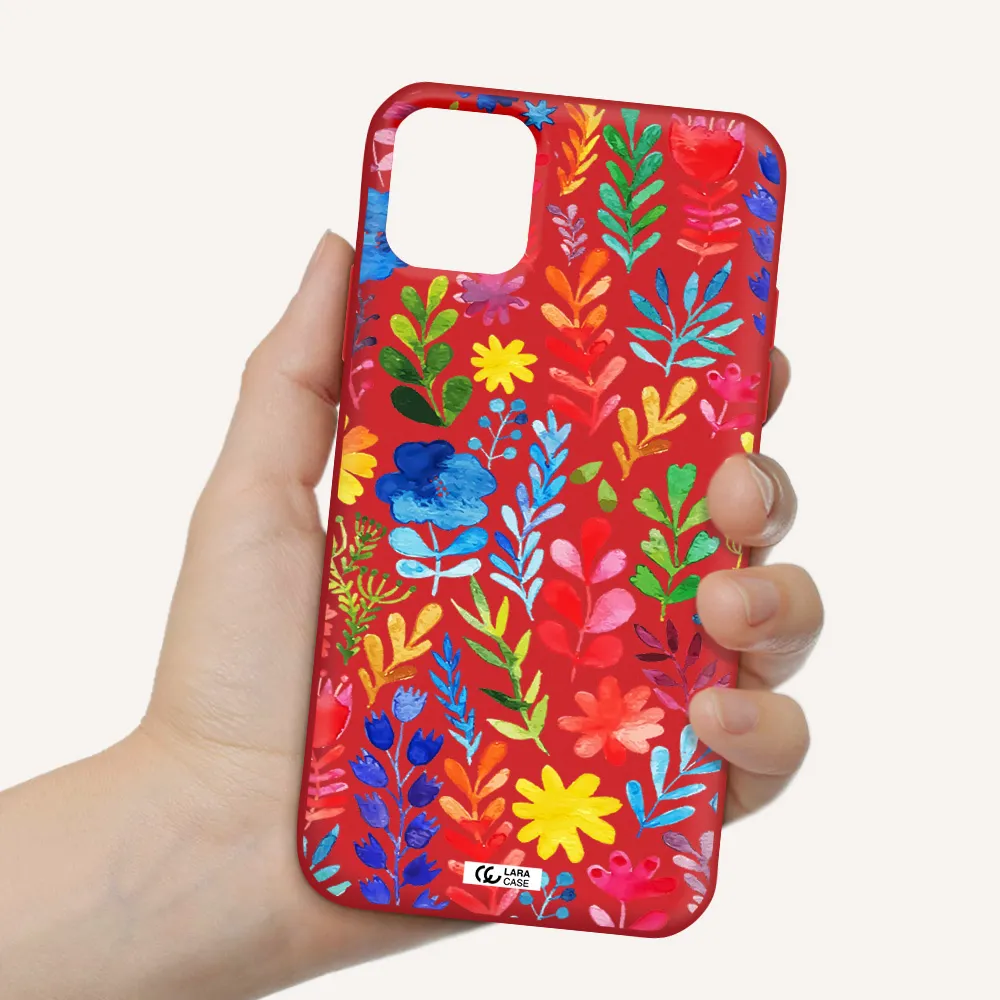 Colorful Watercolor Flowers Apple iPhone 11 Silicone Imperial Red Case