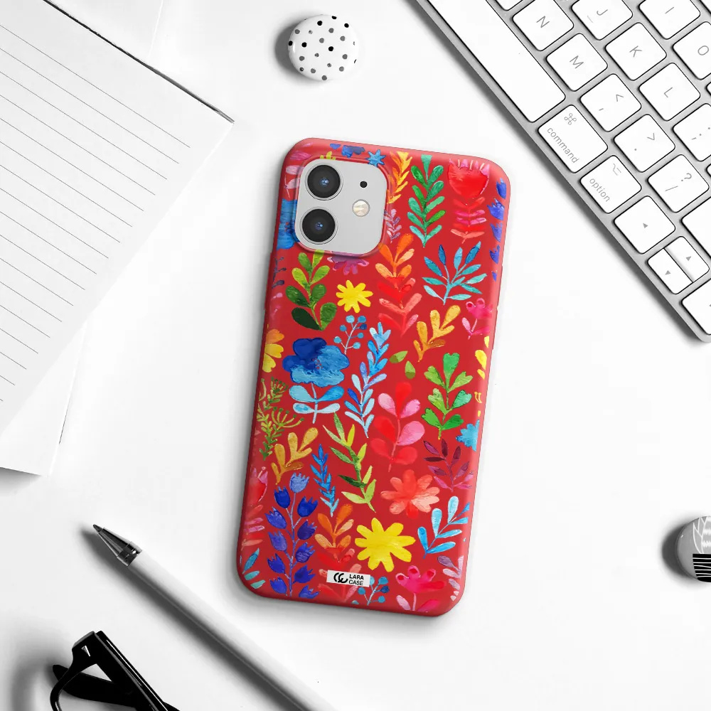 Colorful Watercolor Flowers Apple iPhone 12 mini Silicone Imperial Red Case