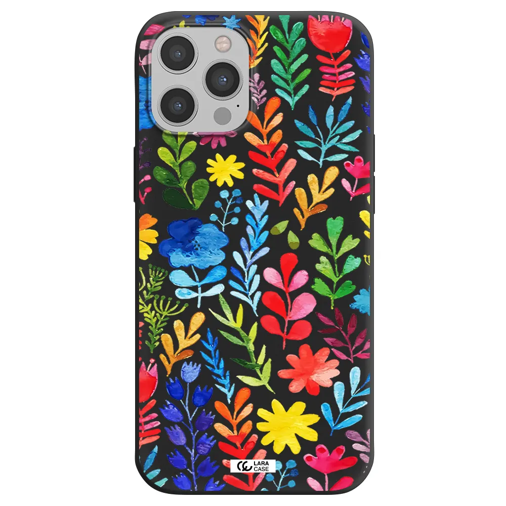 Colorful Watercolor Flowers Apple iPhone 12 pro max Silicone black Case