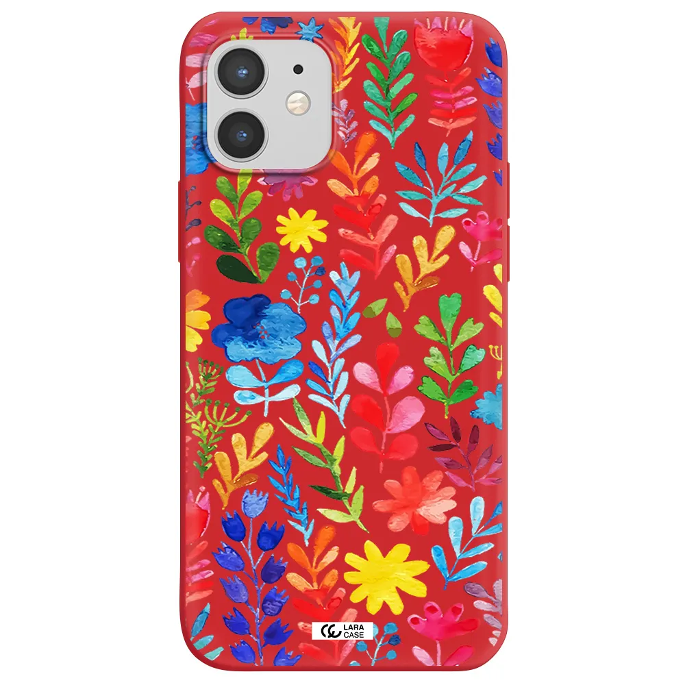 Colorful Watercolor Flowers Apple iPhone 12 Silicone Imperial Red Case