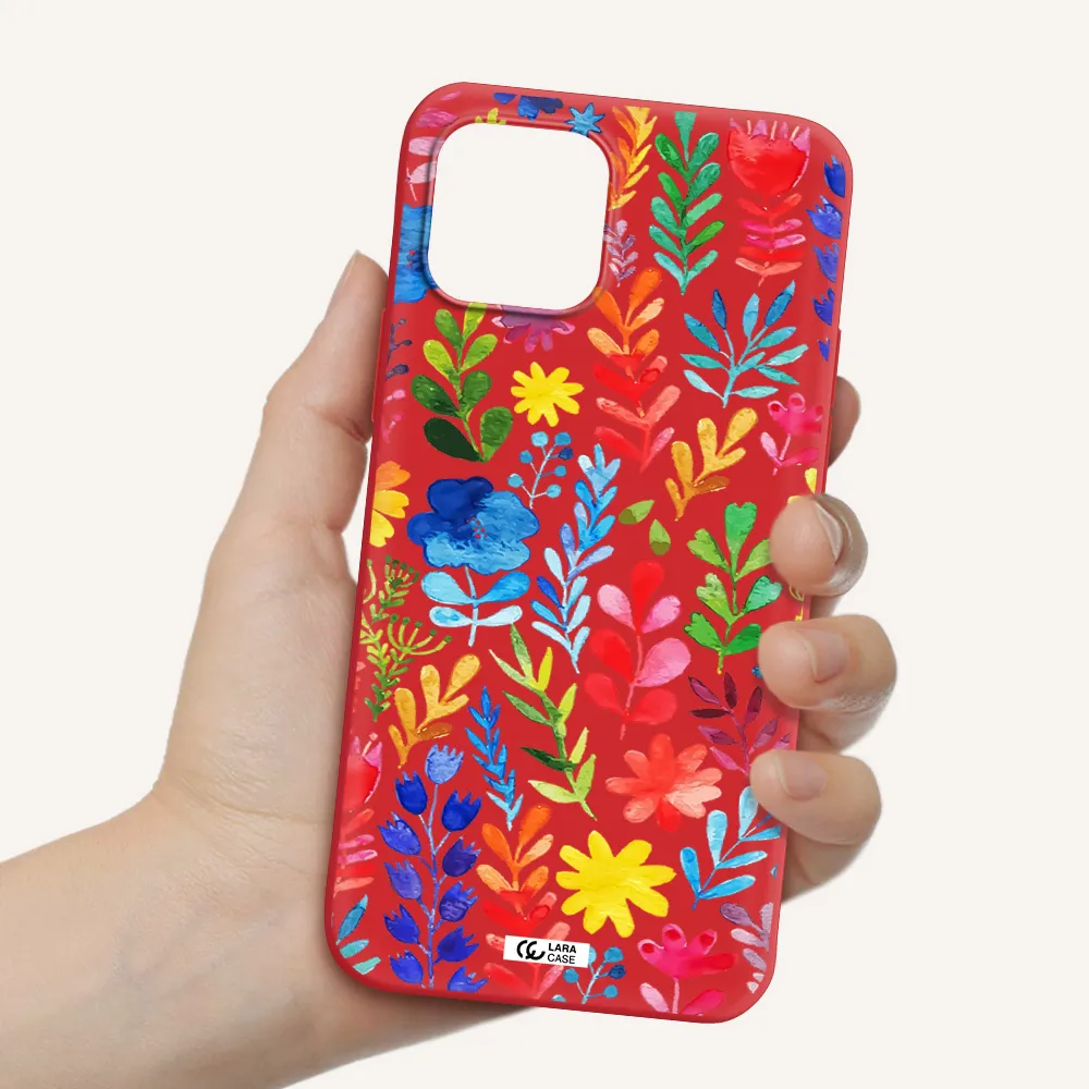 Colorful Watercolor Flowers Apple iPhone 12 Silicone Imperial Red Case