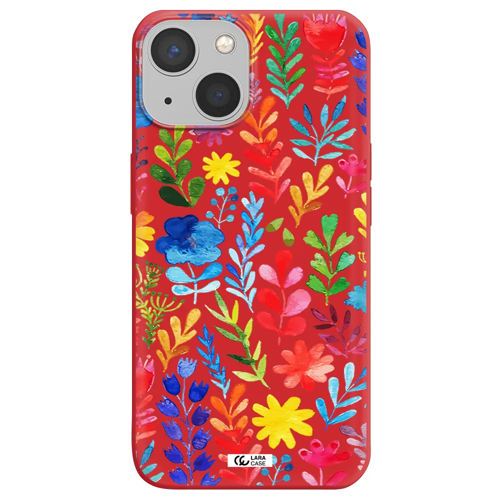 Colorful Watercolor Flowers Apple iPhone 13 Silicone Imperial Red Case