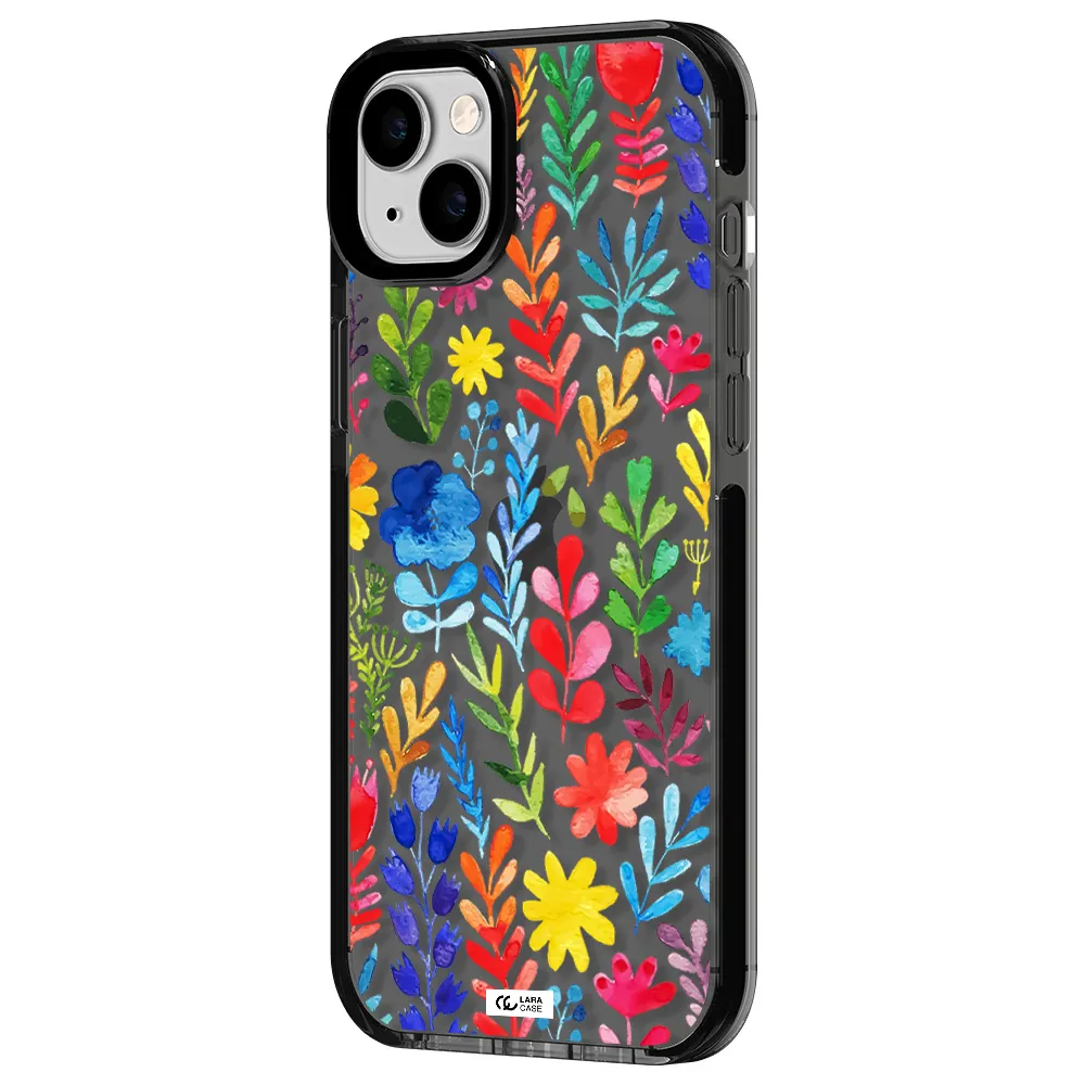 Colorful Watercolor Flowers Apple iPhone 14 plus impact Smoke Black Case