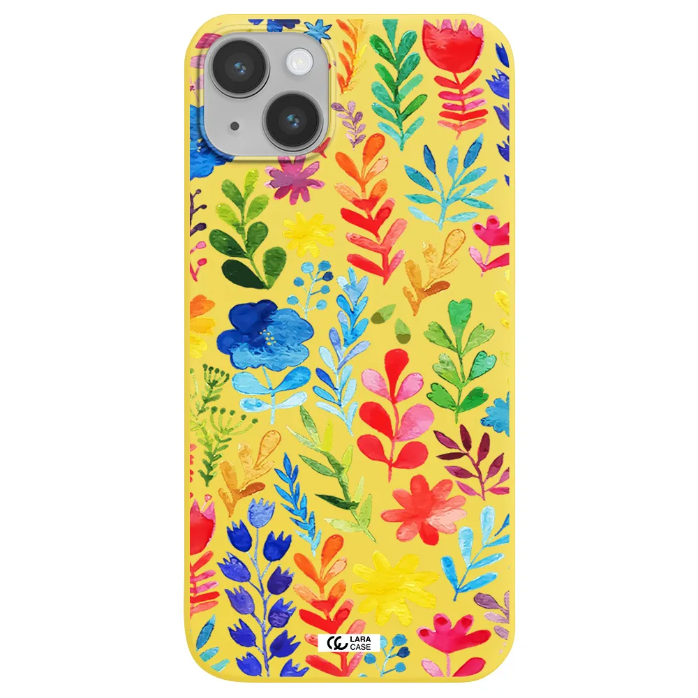 Colorful Watercolor Flowers Apple iPhone 14 plus Silicone canary yellow Case