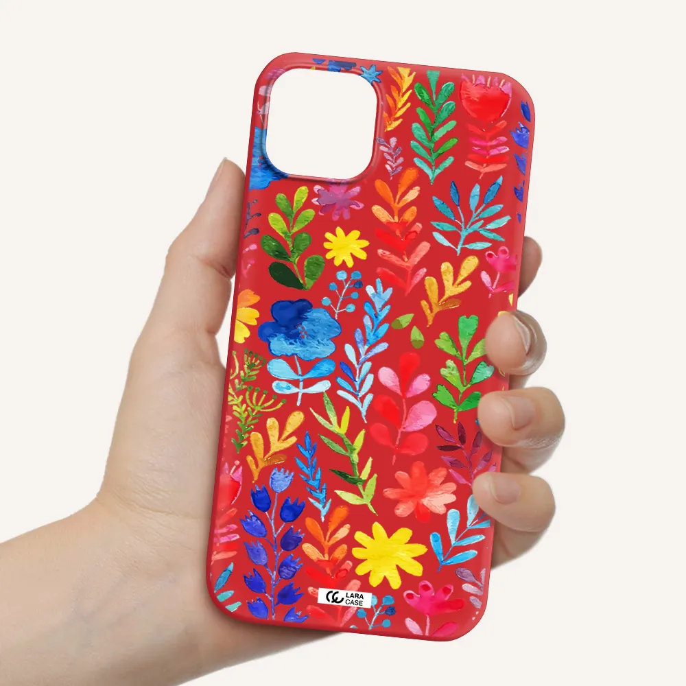 Colorful Watercolor Flowers Apple iPhone 14 plus Silicone Imperial Red Case