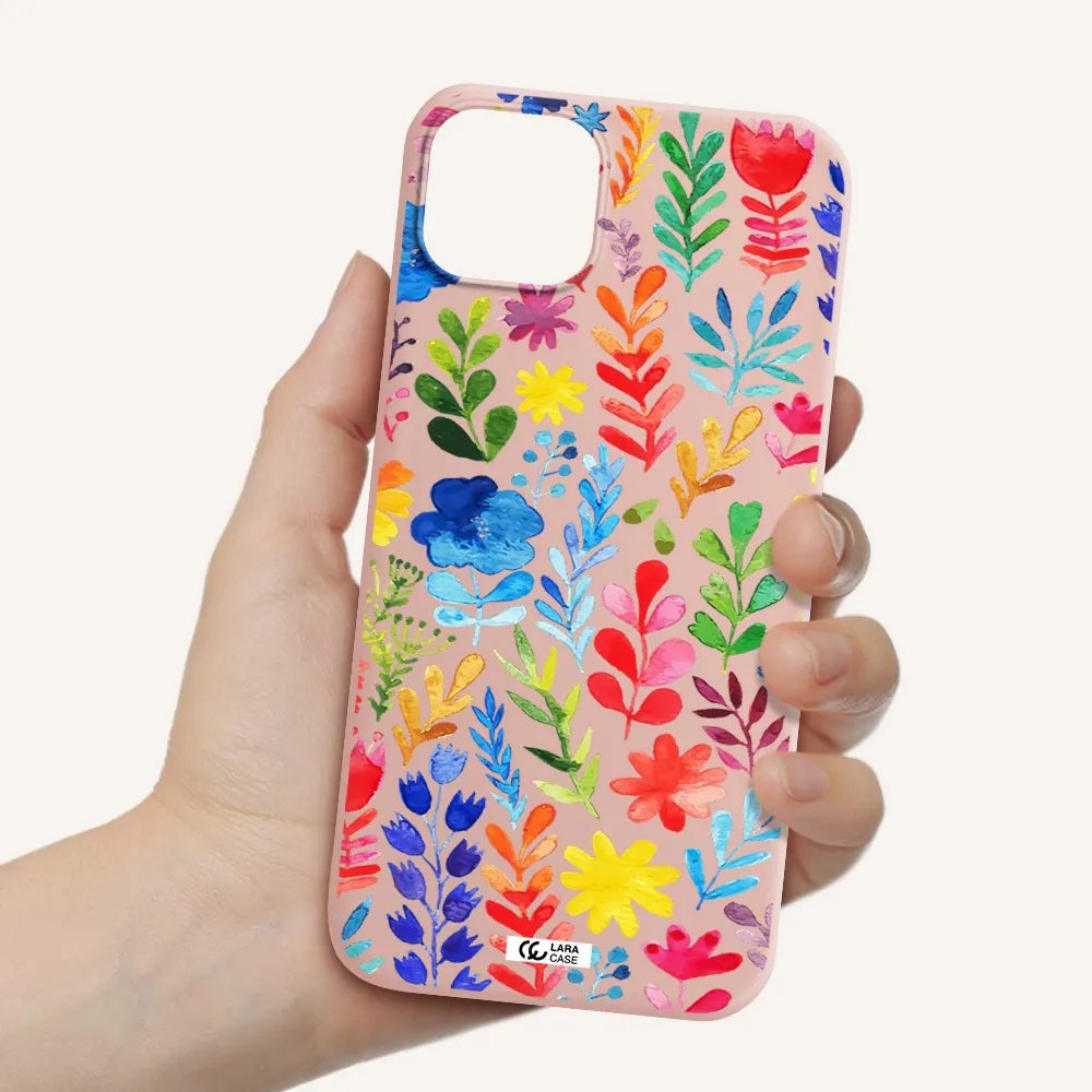 Colorful Watercolor Flowers Apple iPhone 14 plus Silicone pastel pink Case