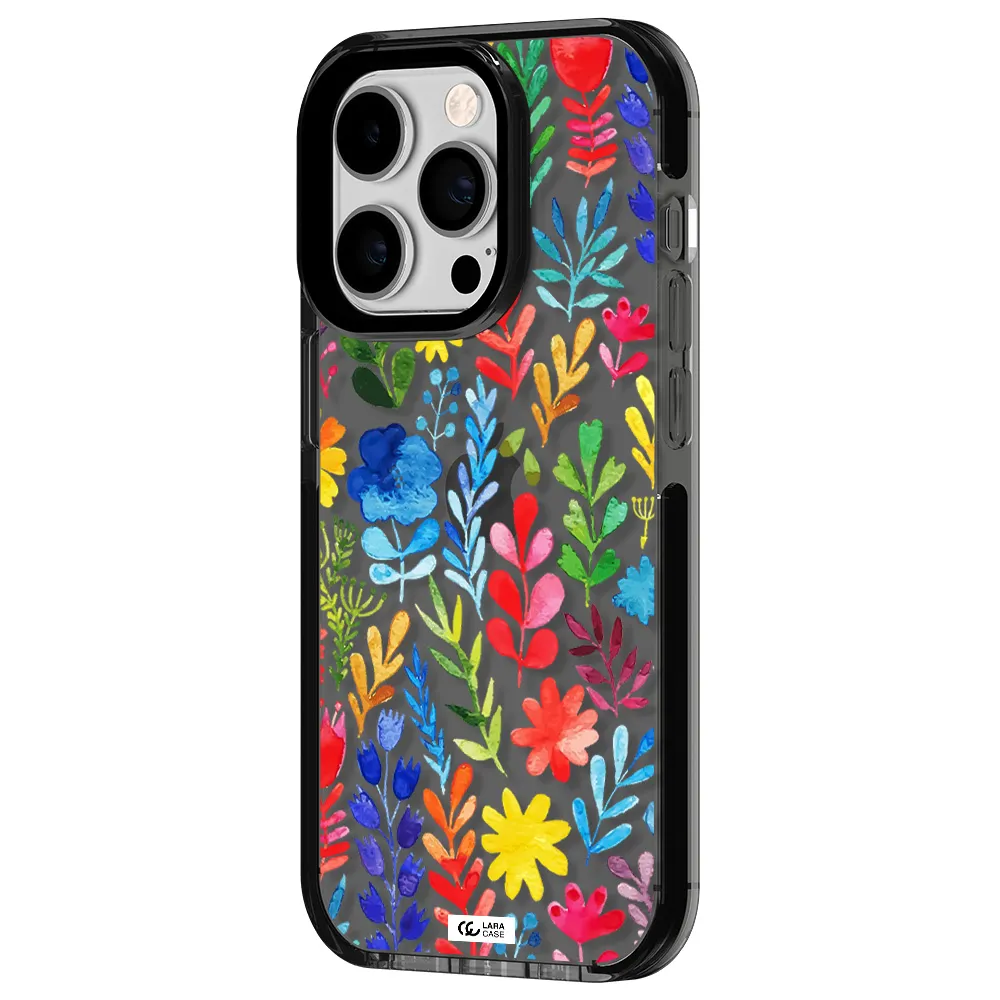 Colorful Watercolor Flowers Apple iPhone 14 pro impact Smoke Black Case