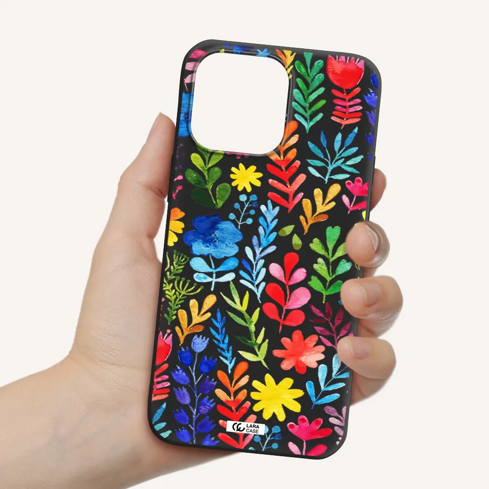 Colorful Watercolor Flowers Apple iPhone 14 pro max Silicone black Case