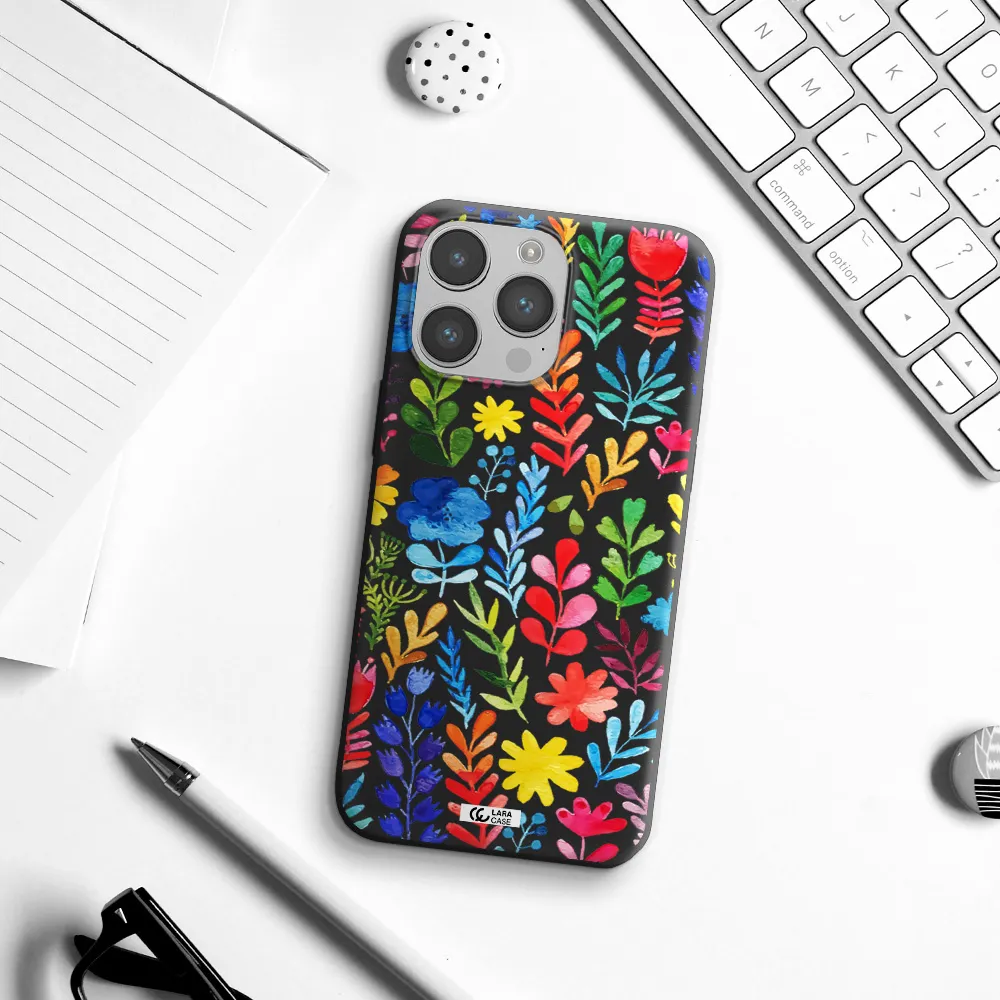 Colorful Watercolor Flowers Apple iPhone 14 pro max Silicone black Case