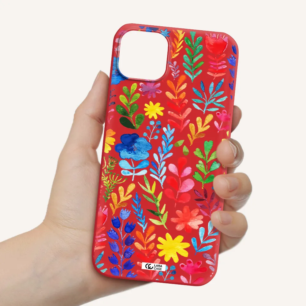 Colorful Watercolor Flowers Apple iPhone 14 Silicone Imperial Red Case
