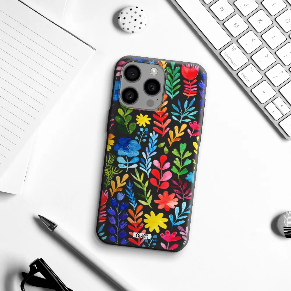 Colorful Watercolor Flowers Apple Iphone 15 Pro max Silicone black Case