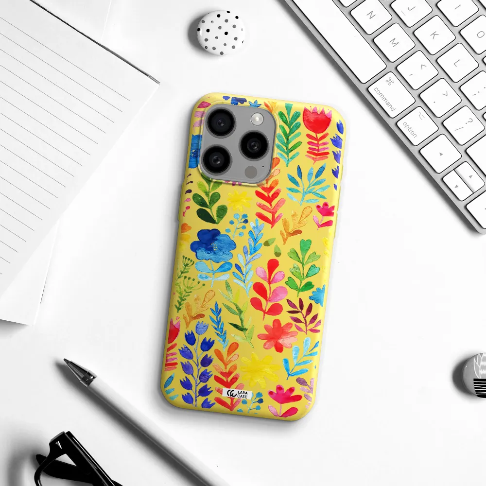 Colorful Watercolor Flowers Apple Iphone 15 Pro max Silicone canary yellow Case