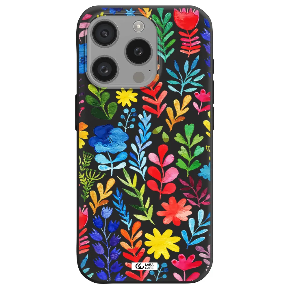 Colorful Watercolor Flowers Apple Iphone 15 Pro Silicone Black Case