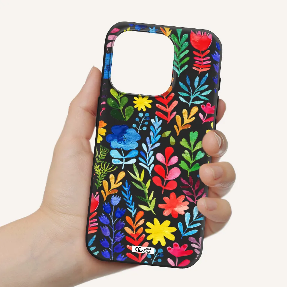 Colorful Watercolor Flowers Apple Iphone 15 Pro Silicone Black Case