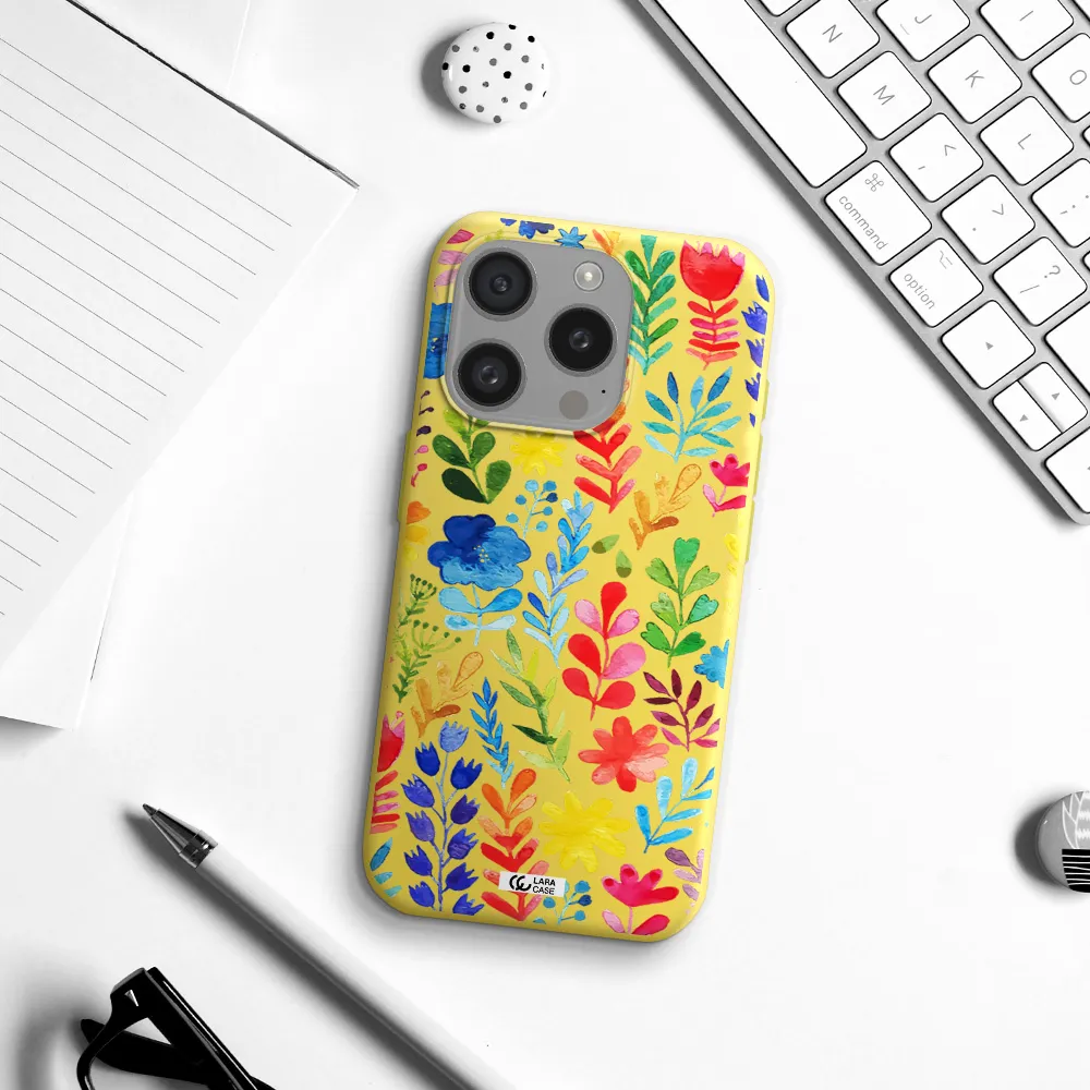 Colorful Watercolor Flowers Apple Iphone 15 Pro Silicone Canary Yellow Case