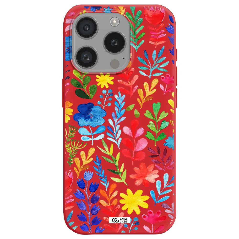 Colorful Watercolor Flowers Apple Iphone 15 Pro Silicone Imperial Red Case