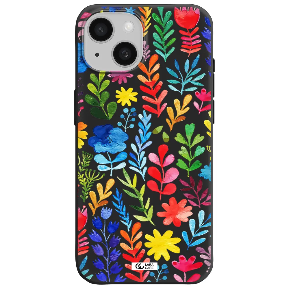 Colorful Watercolor Flowers Apple iPhone 15 Silicone black Case