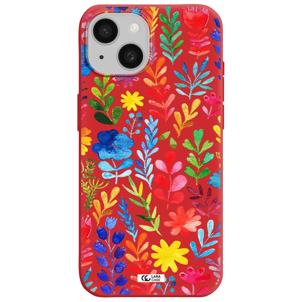 Colorful Watercolor Flowers Apple Iphone 15 Silicone Imperial Red Case