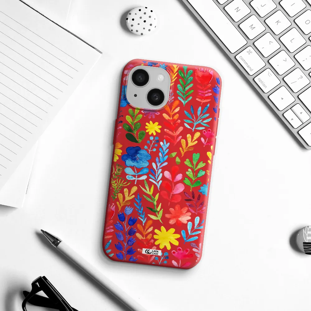 Colorful Watercolor Flowers Apple Iphone 15 Silicone Imperial Red Case