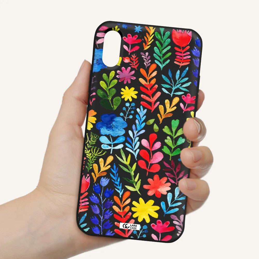 Colorful Watercolor Flowers Apple iPhone XS Silicone black Case
