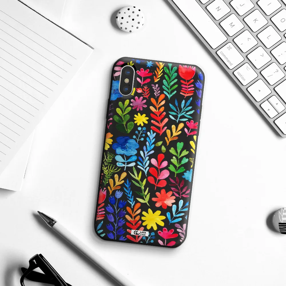 Colorful Watercolor Flowers Apple iPhone XS Silicone black Case