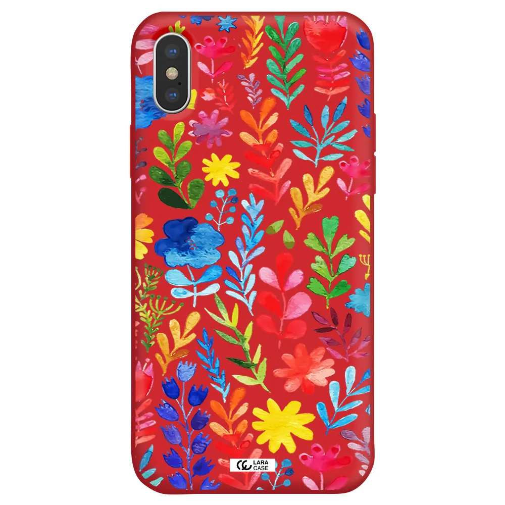 Colorful Watercolor Flowers Apple iPhone XS Silicone Imperial Red Case
