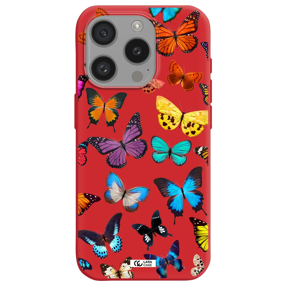 Colorful Butterflies Apple Iphone 15 Pro Silicone Imperial Red Case