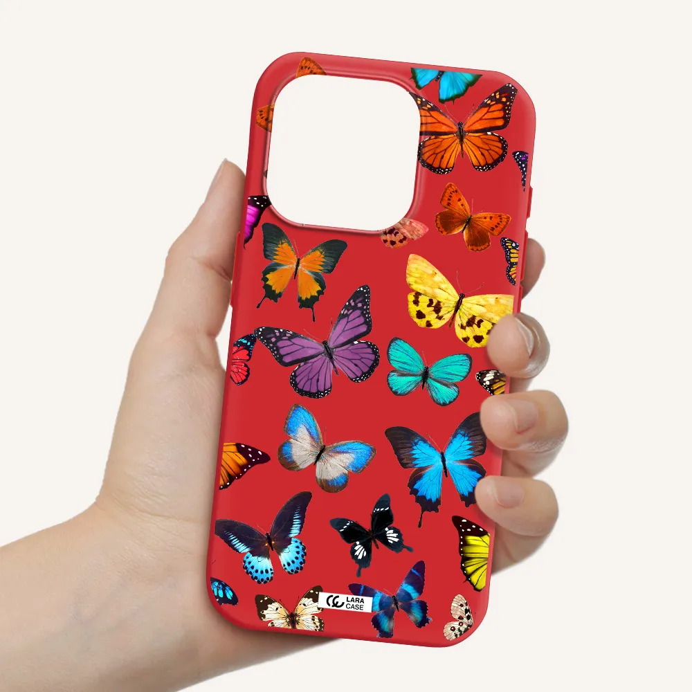 Colorful Butterflies Apple Iphone 15 Pro Silicone Imperial Red Case