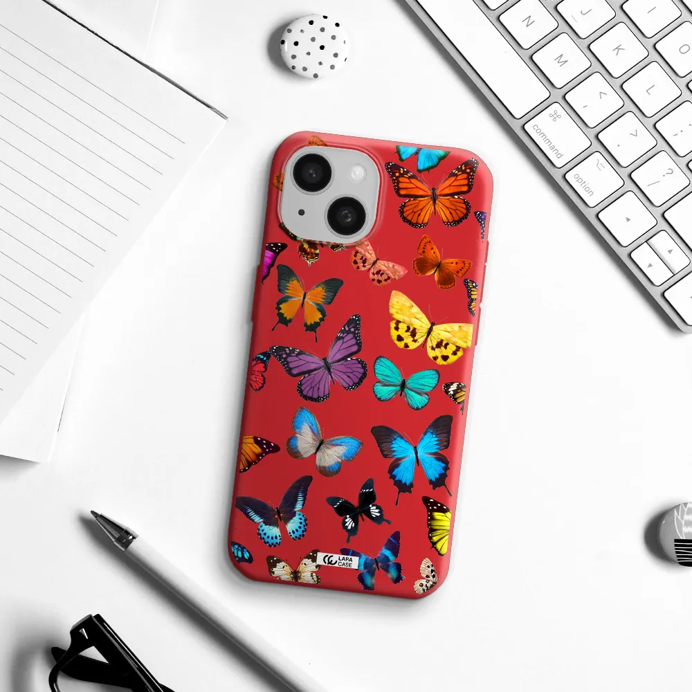Colorful Butterflies Apple Iphone 15 Silicone Imperial Red Case