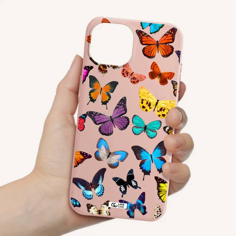 Colorful Butterflies Apple Iphone 15 Silicone Pastel Pink Case