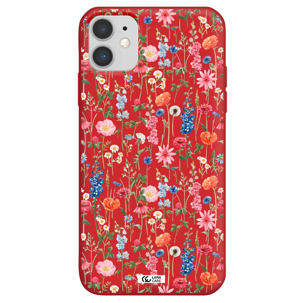 Green Blue Red Flowers Apple iPhone 11 Silicone Imperial Red Case