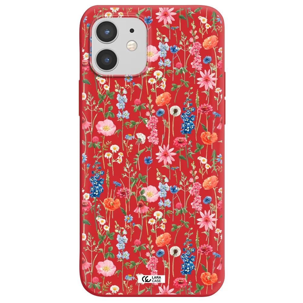 Green Blue Red Flowers Apple iPhone 12 mini Silicone Imperial Red Case