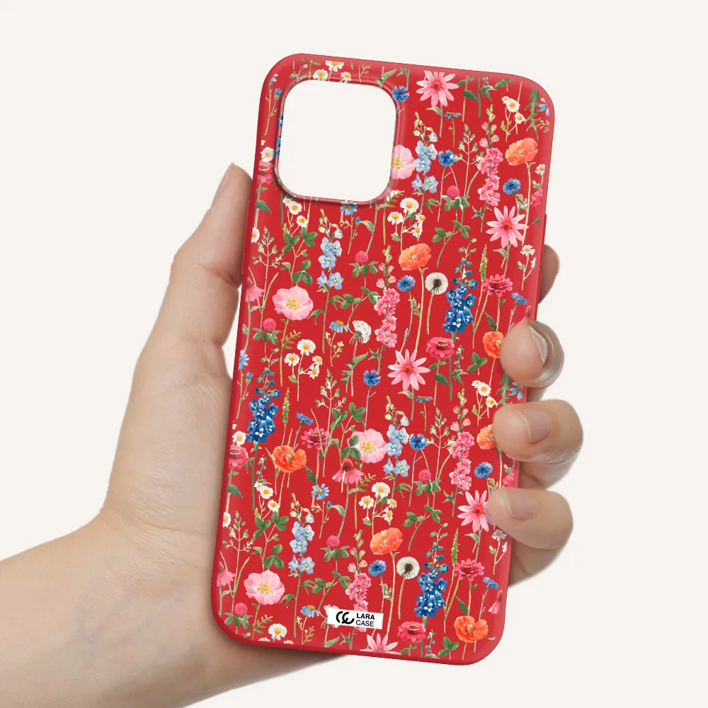 Green Blue Red Flowers Apple iPhone 12 Silicone Imperial Red Case