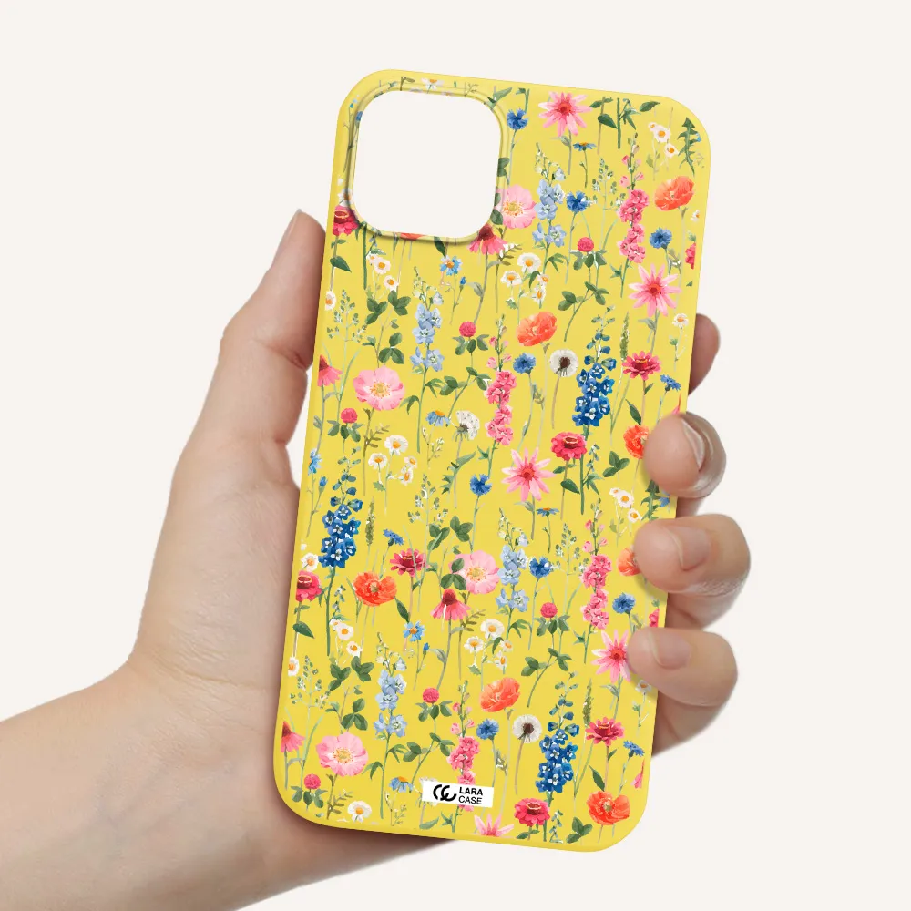 Green Blue Red Flowers Apple iPhone 14 plus Silicone canary yellow Case
