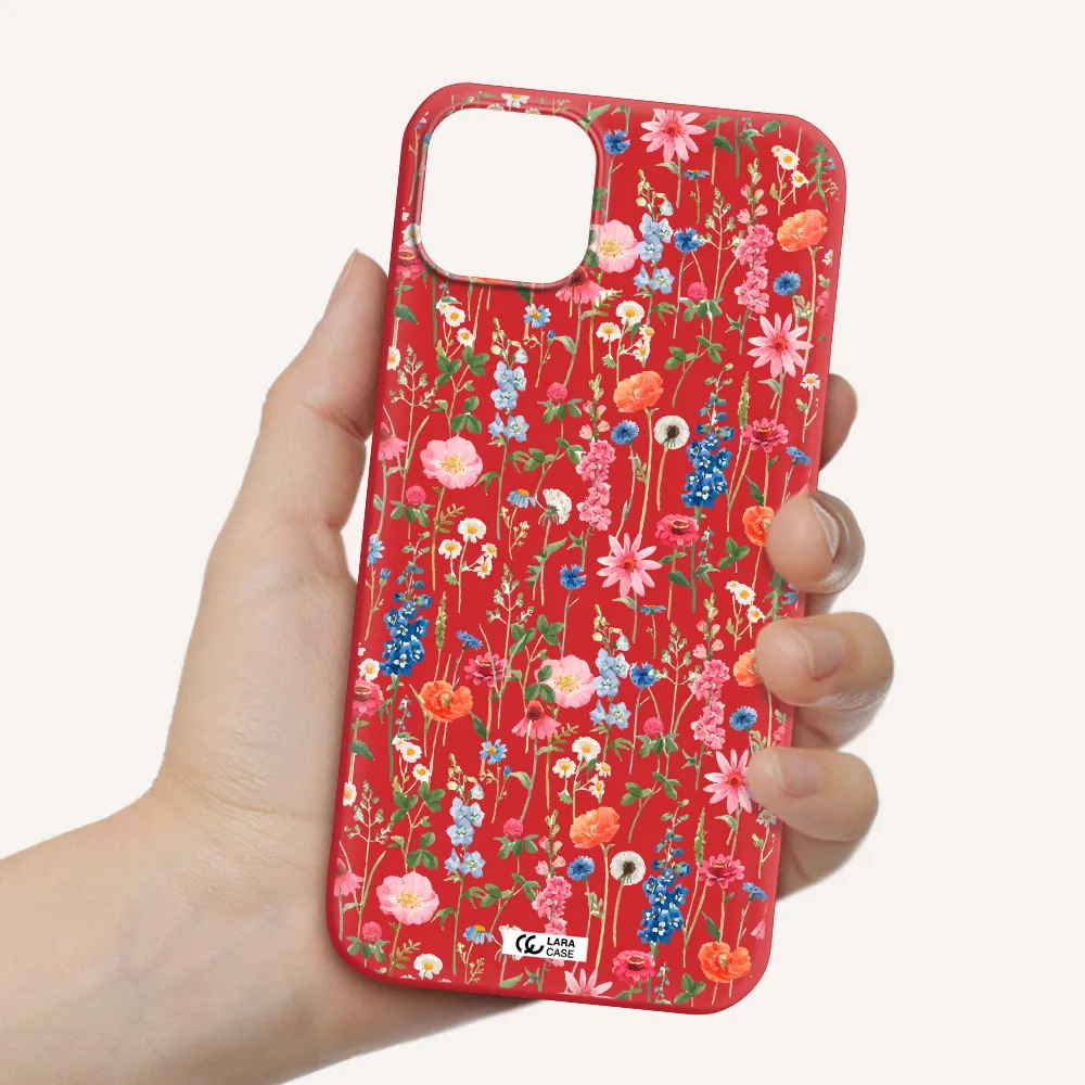 Green Blue Red Flowers Apple iPhone 14 plus Silicone Imperial Red Case