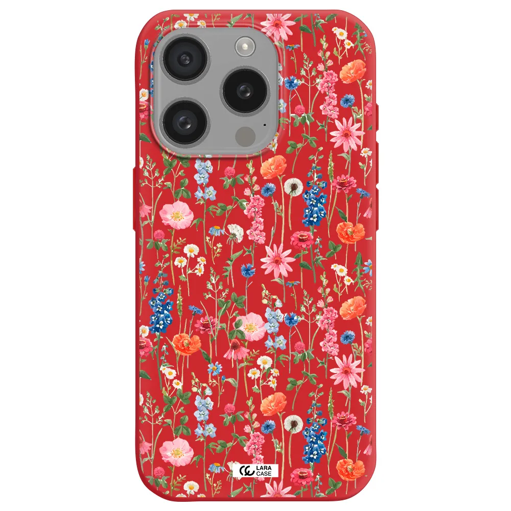 Green Blue Red Flowers Apple Iphone 15 Pro Silicone Imperial Red Case