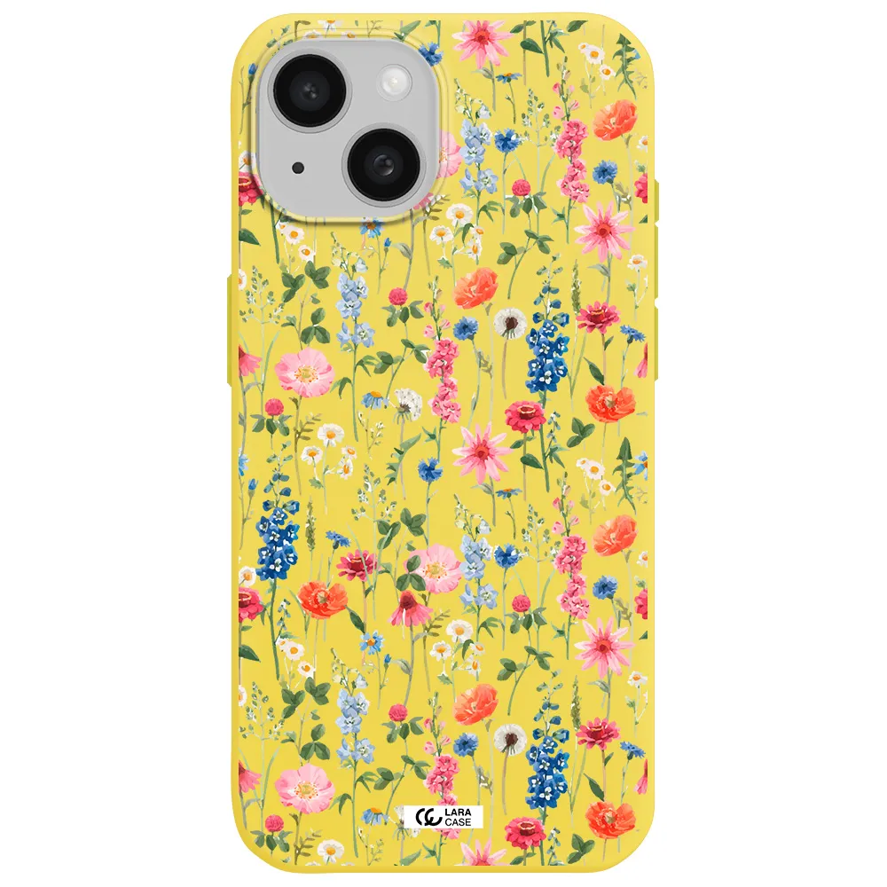 Green Blue Red Flowers Apple iPhone 15 Silicone canary yellow Case