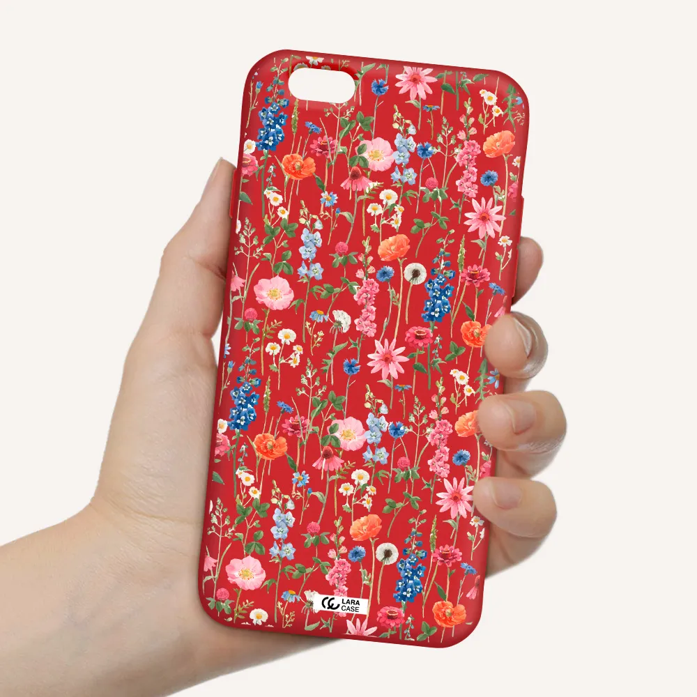 Green Blue Red Flowers Apple iPhone 6 Silicone Imperial Red Case