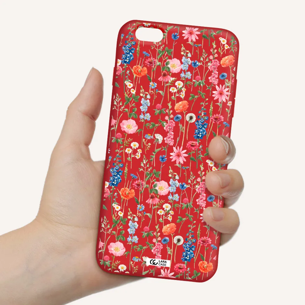 Green Blue Red Flowers Apple iPhone 6S Silicone Imperial Red Case