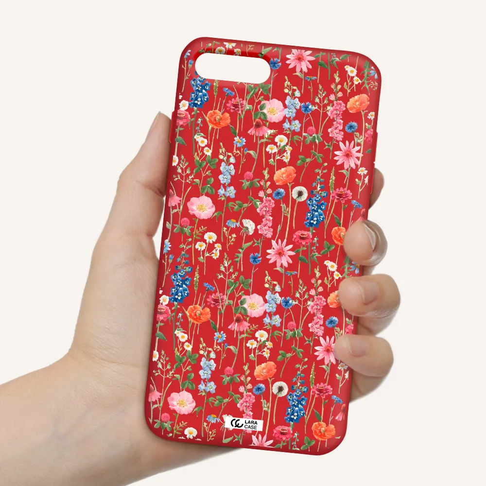 Green Blue Red Flowers Apple iPhone 8 plus Silicone Imperial Red Case