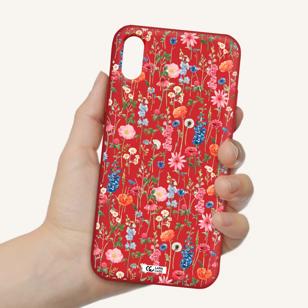 Green Blue Red Flowers Apple iPhone X Silicone Imperial Red Case