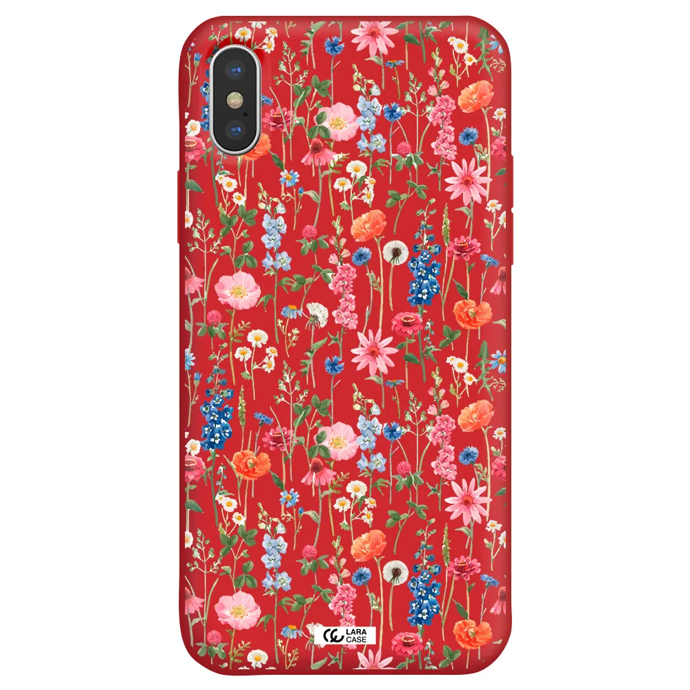Green Blue Red Flowers Apple iPhone XS Silicone Imperial Red Case