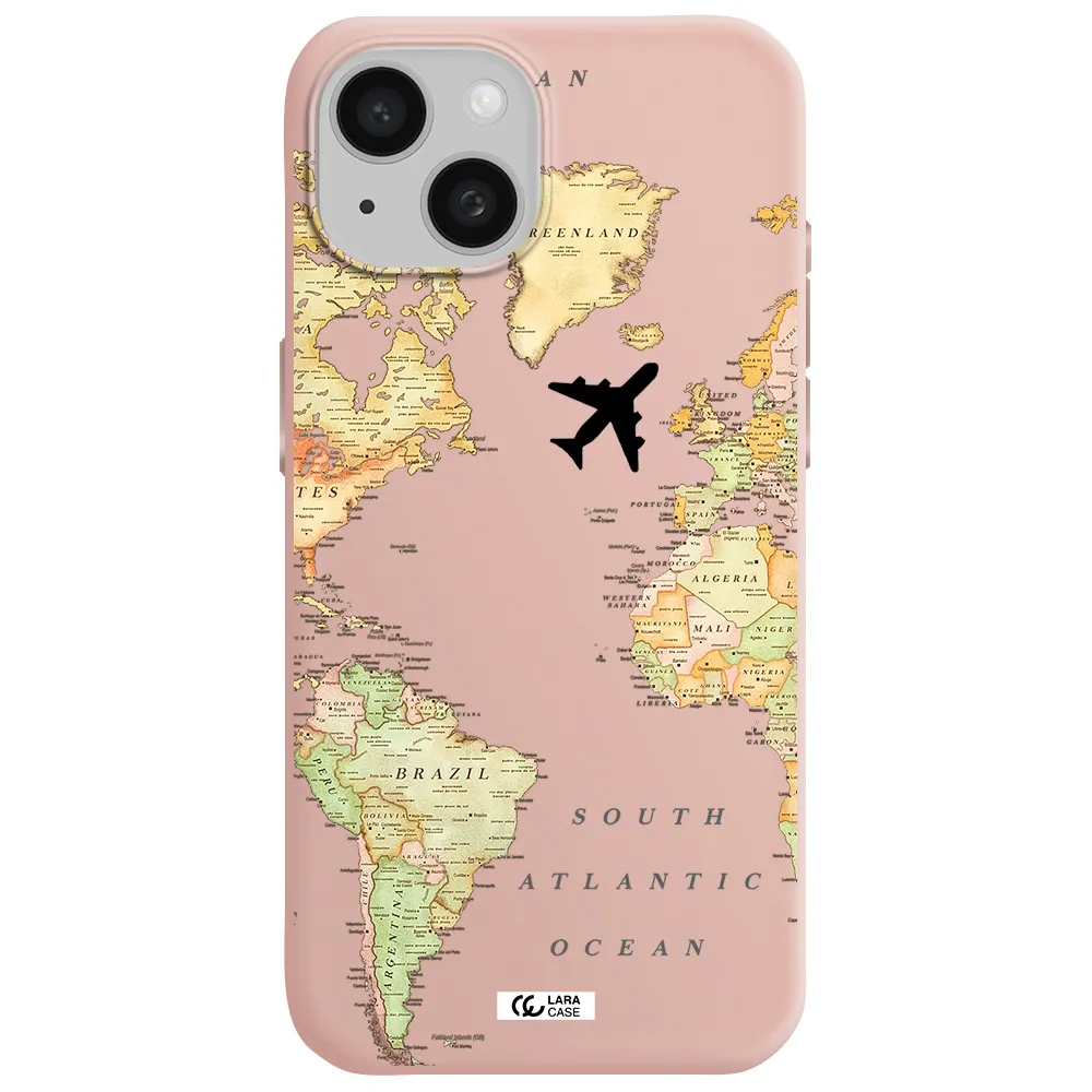 Travel Map Apple Iphone 15 Silicone Pastel Pink Case