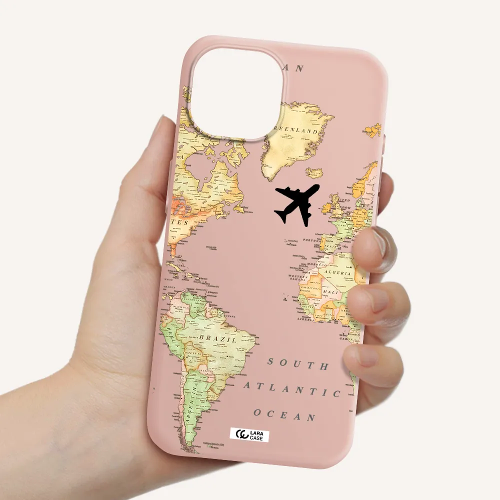Travel Map Apple Iphone 15 Silicone Pastel Pink Case
